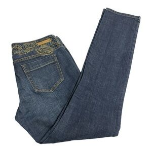 Express Y2K X2 Quality Denim Jeans Sz 8 Zelda Skinny Low Rise w/ Gold Embroidery